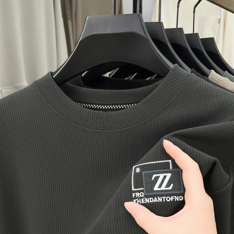 الرجال الفاخرة المطرزة تي شيرت مطبوع الراقية العلامة التجارية الخريف الأعمال عادية موضة تنوعا كم طويل بلوزة مستديرة العنق الملابس الرجالية