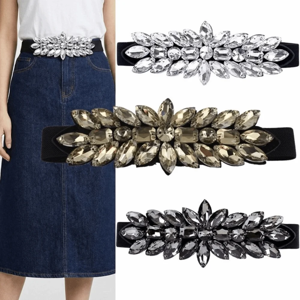 Shiny Crystal Stretch Waist Belt Rhinestone Large-Grain Elastic Waist Belt Exaggerated Ornate Style Sparkly Waist Cincher Women