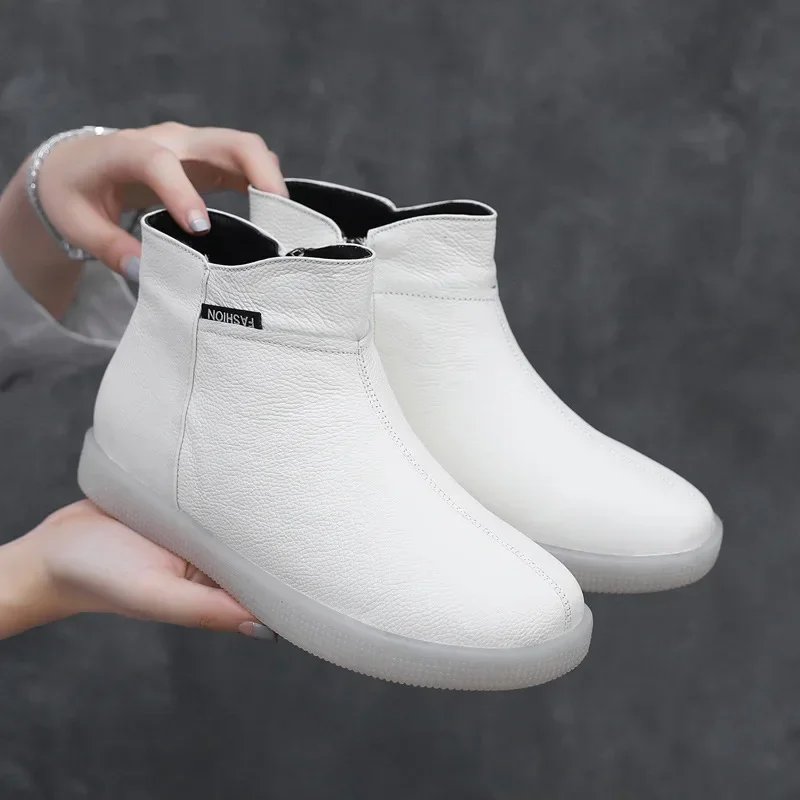 Botines de piel auténtica de vaca para mujer, botas cálidas de lana sin cordones para motocicleta, zapatos supercómodos de invierno, color blanco