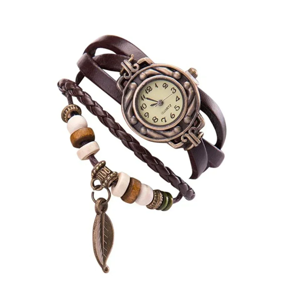 Women Girl Vintage Watches Bracelet Wristwatches Leaf Pendant Coffee Часы Женские Наручные Armband Uhr Damen Relogio Rose Gold