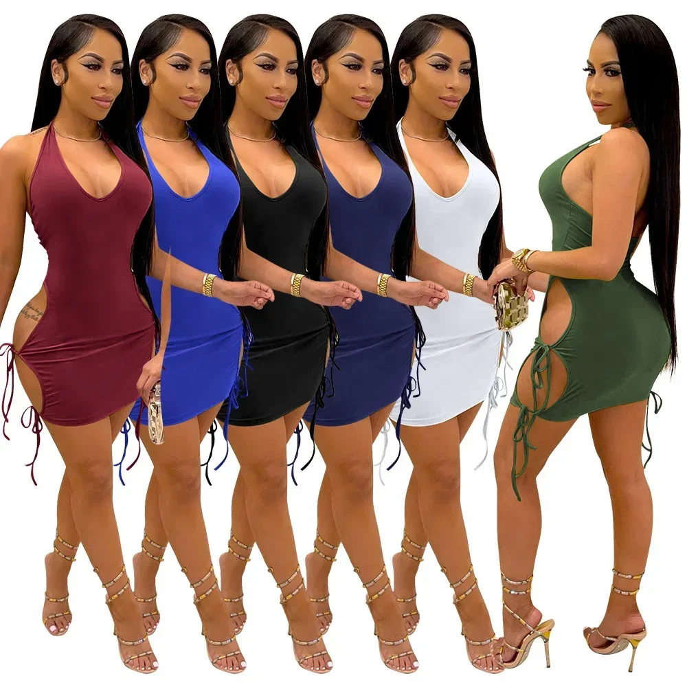 Super Małe XXXS Letnie Damskie Sukienki Bodycon w Jednolitym Kolorze z Dekoltem w Serek, Wiązane na Szyi, Bez Pleców, na Ramiączkach, Obcisłe Sukienki Damskie do Klubu Nocnego Mujer Vestido