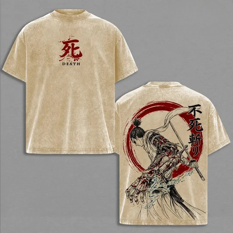 SEKIRO Wolf Printed Tee Men Women Washed Cotton T-shirts Game Vintage Loose T Shirt Harajuku Male Short Sleeve Street Tshirt