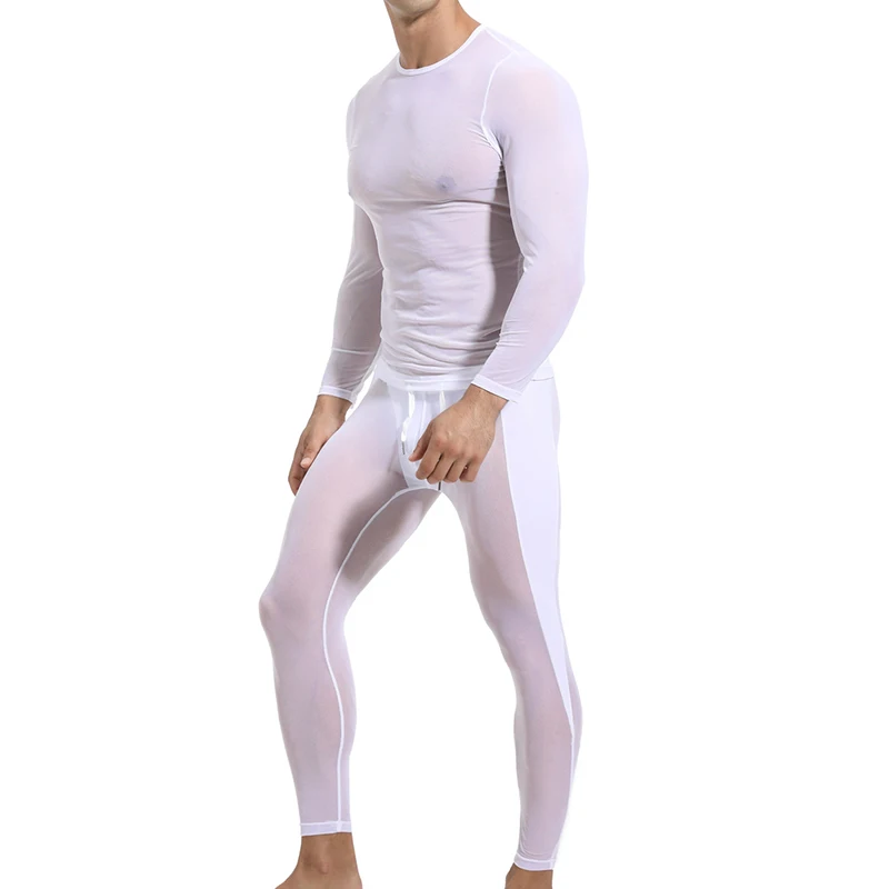 Men Undershirts 2 Piece Sexy Mesh See Through Long Sleeve T-shirts Pants Leggings Underwear Sets Sleepwear Fitness Gym Sportwear