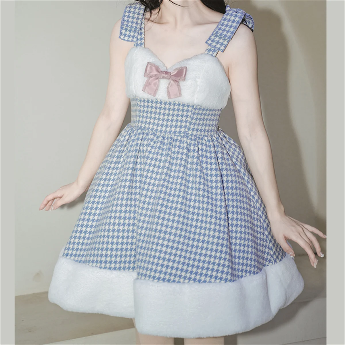 Japanischen Süßen Stil Lolita Jsk Cosplay Kawaii Mädchen Fluffy Warm Grid Nette Bowknot Hohe Taille Winter Verdicken Warme Kleid