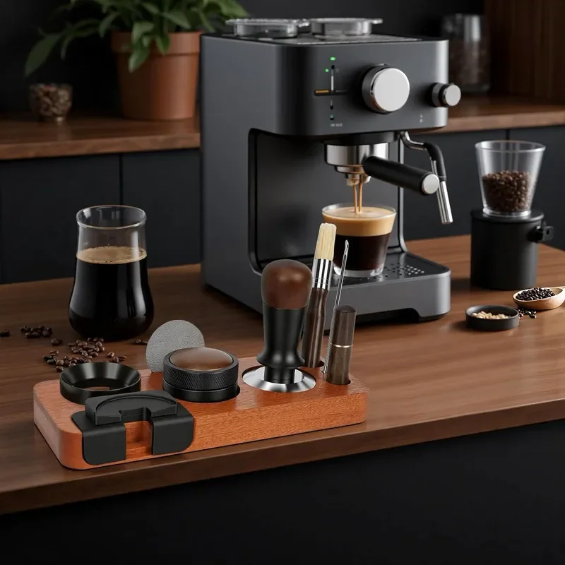 Coffee base eight-piece set solid wood non-slip coaster set coffee machine utensils storage base