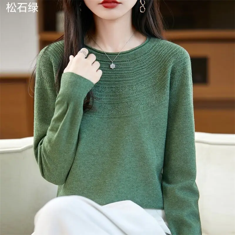 Damen-Pullover 100% Wolle Hohlstrick-Pullover Rundhals-Basispullover Modischer Schlankmachender Locker Sitzender Vielseitiger Langarm-Pullover