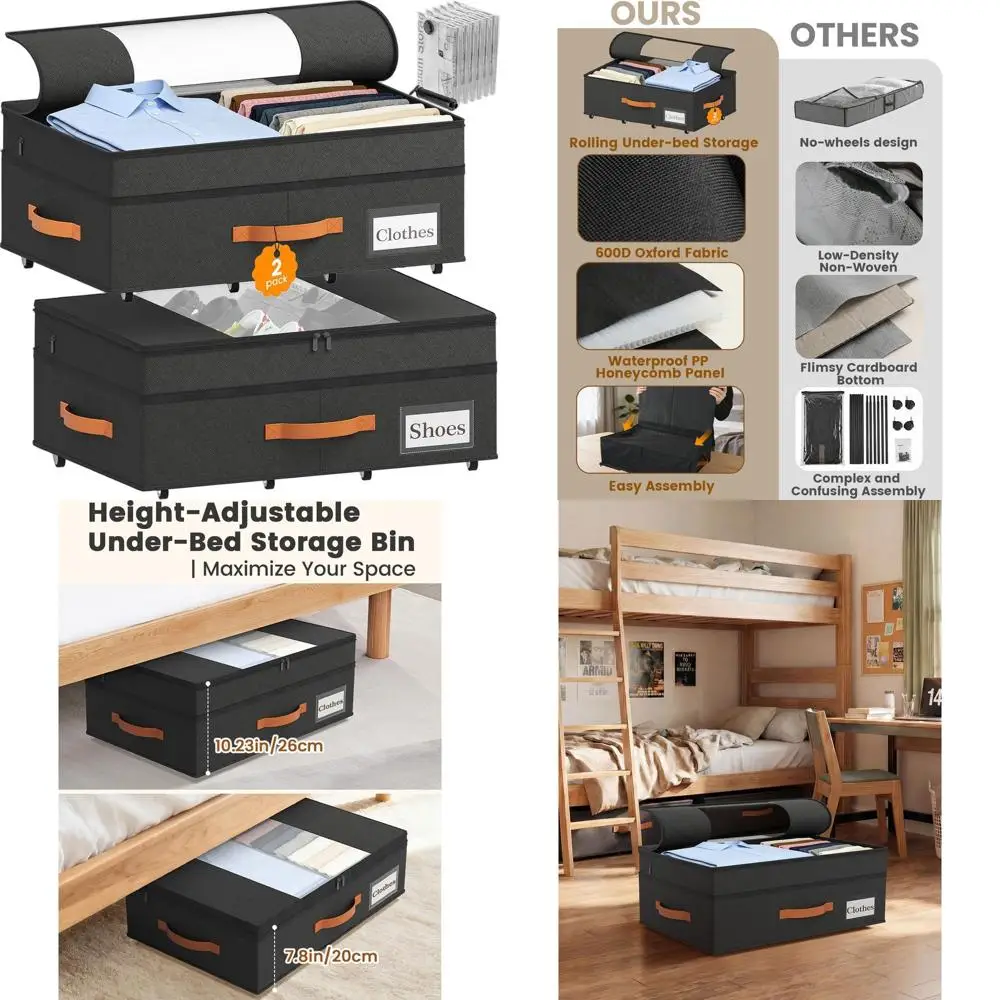 

Набор из 2 расширяемых контейнеров для хранения под кроватью на колесиках, регулируемая высота 7.9-10.2 фута, 6 вакуумных пакетов, ткань 600D, органайзер для хранения вещей