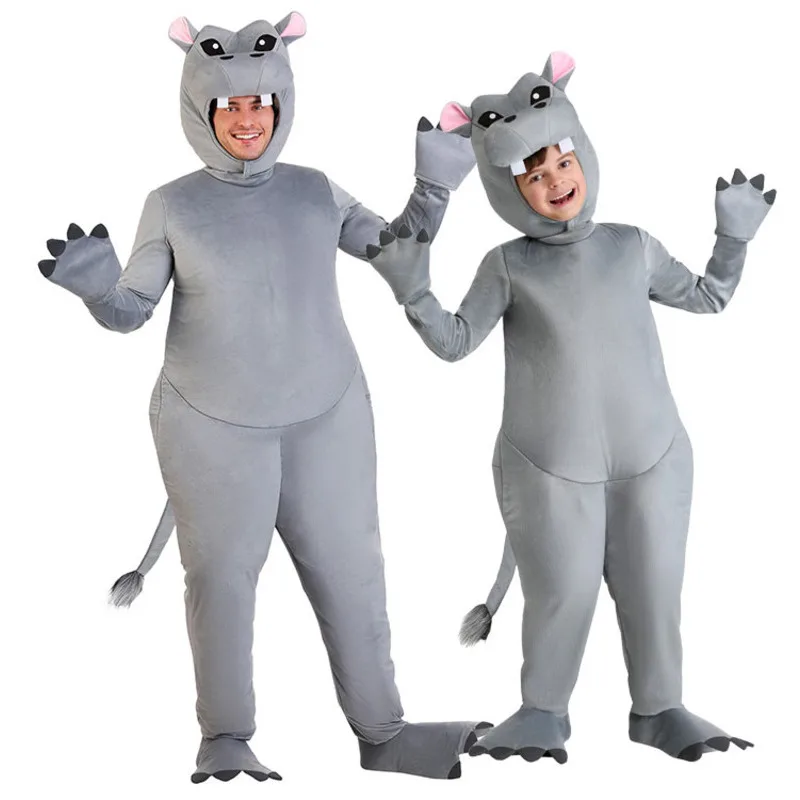 African Animal Adult Grey Hippo Onesies Cartoon Kids Cute Hippo Cosplay Costume Family Party Halloween Fancy Dress