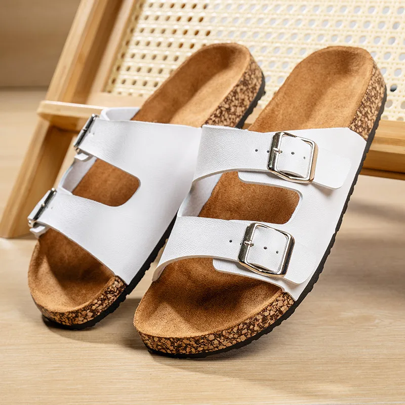 

Hot Sale Summer Cork Shoes For Men White Open toe Slippers Women Outdoor Beach Cheap Sandals Man Leather Slides Plus Size 46