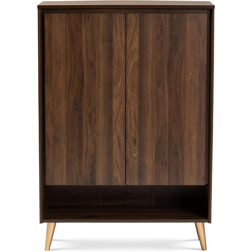 خزانة تخزين الأحذية ببابين من خشب الجوز الحديث والبني والذهبي من منتصف القرن من Baxton Studio للمدخل