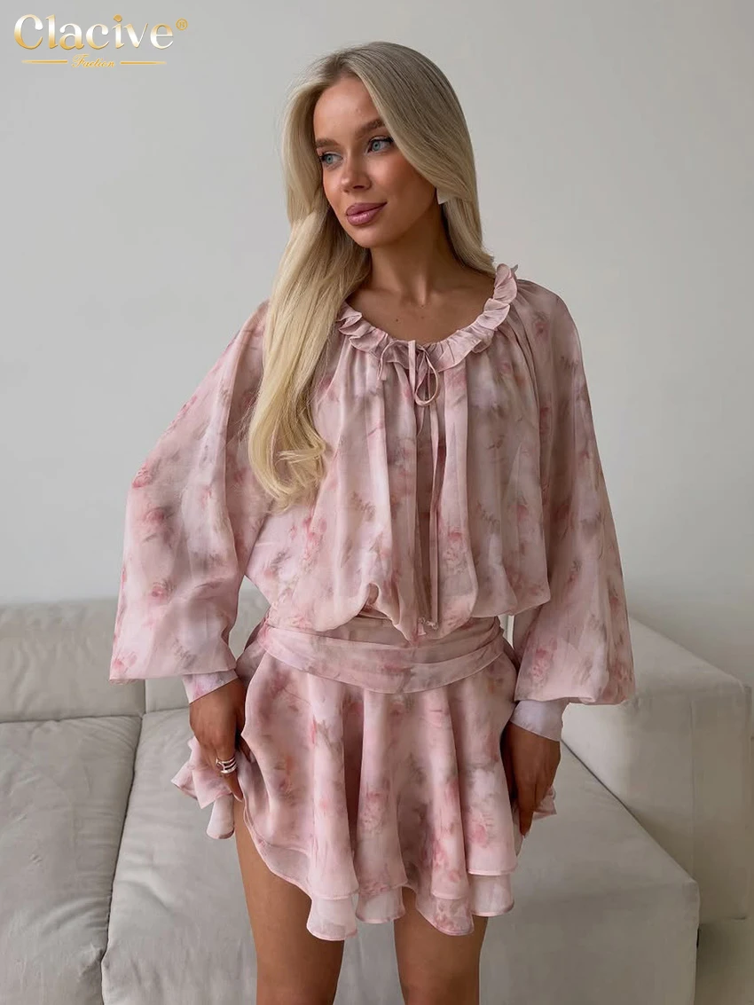 

Clacive Fashion Loose Print Women's Dress 2026 Vintage O-Neck Long Sleeve Mini Dresses Lady Elegant Classic Pleated Female Dress