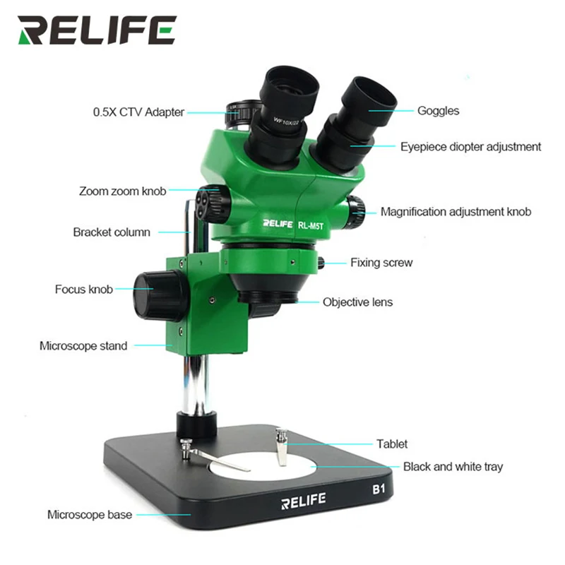 RELIFE RL-M5T 7-50x Continuous Zoom Trinocular Microscope for Mobile Phone Motherboard Pcb Welding, Jewelry Identification