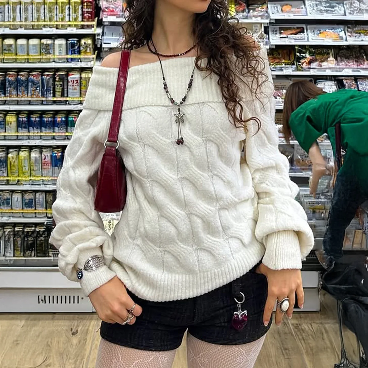 

FW25 Женский минималистичный шикарный повседневный мягкий вязаный свитер с открытыми плечами и длинными рукавами для 25-40 лет