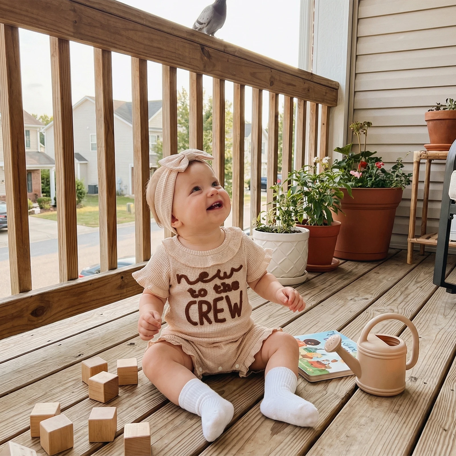 

Blotona Baby Girls Spring Summer Rompers Letter Embroidered Ruffles Collar Crew Neck Short Sleeve Infant Jumpsuits with Headband