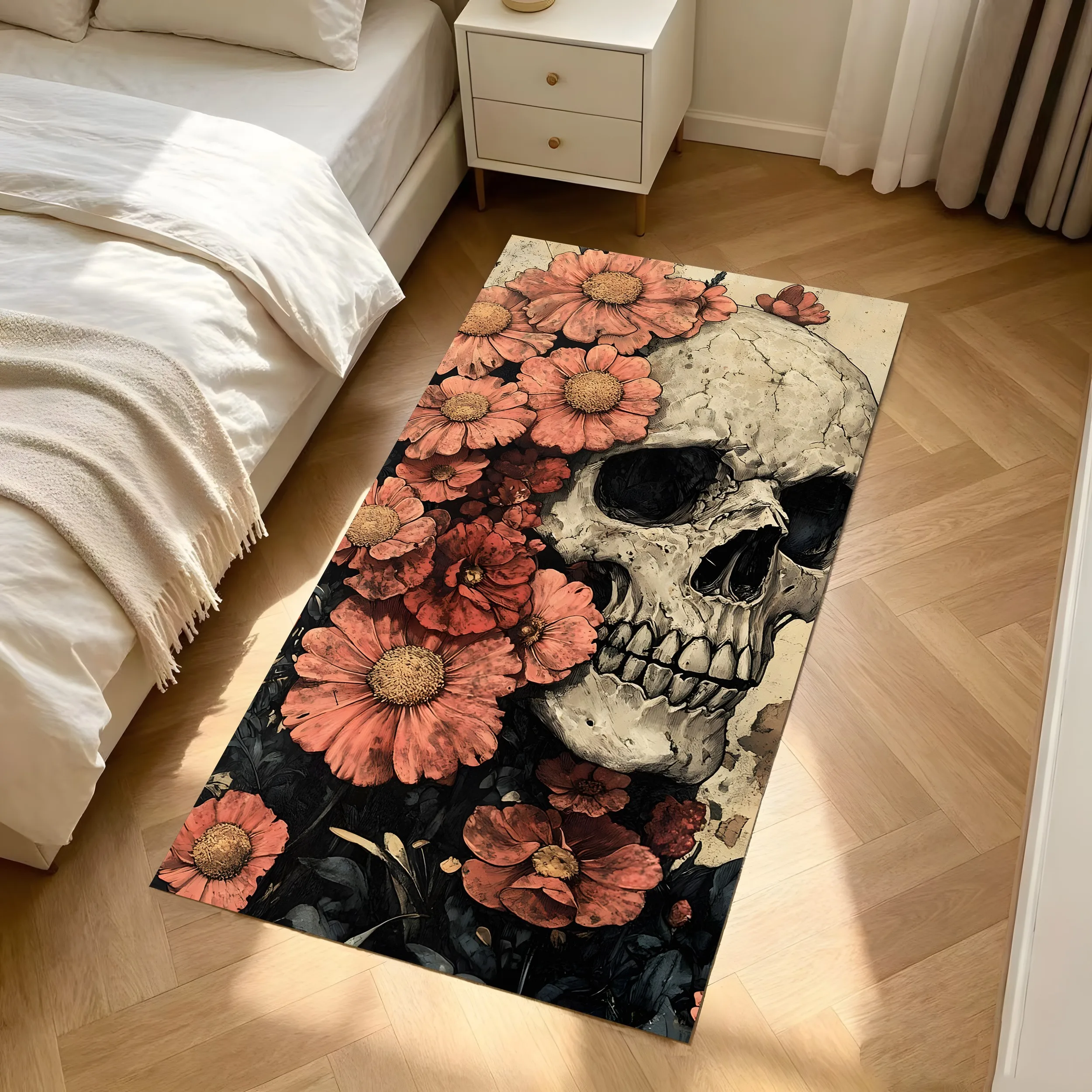 Skull Pink Chrysanthemum Print Dark Gothic Halloween Velvet Rug for Entryway Bedroom Bedside Themed Party Decor