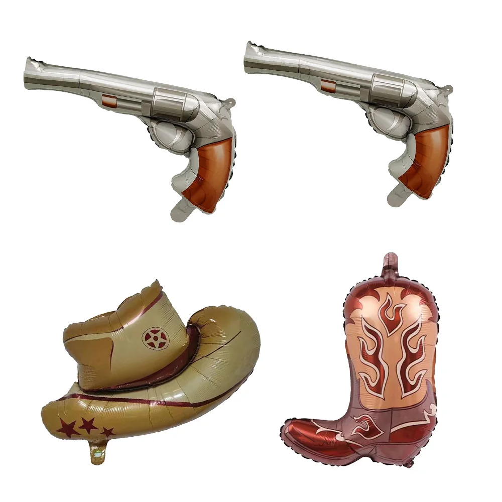 Tema de festa de cowboy ocidental, 4 peças, decoração de balão, arma de cowboy, chapéu, bota, balão, crianças, meninos, selvagem, oeste, decoração de festa de aniversário ocidental