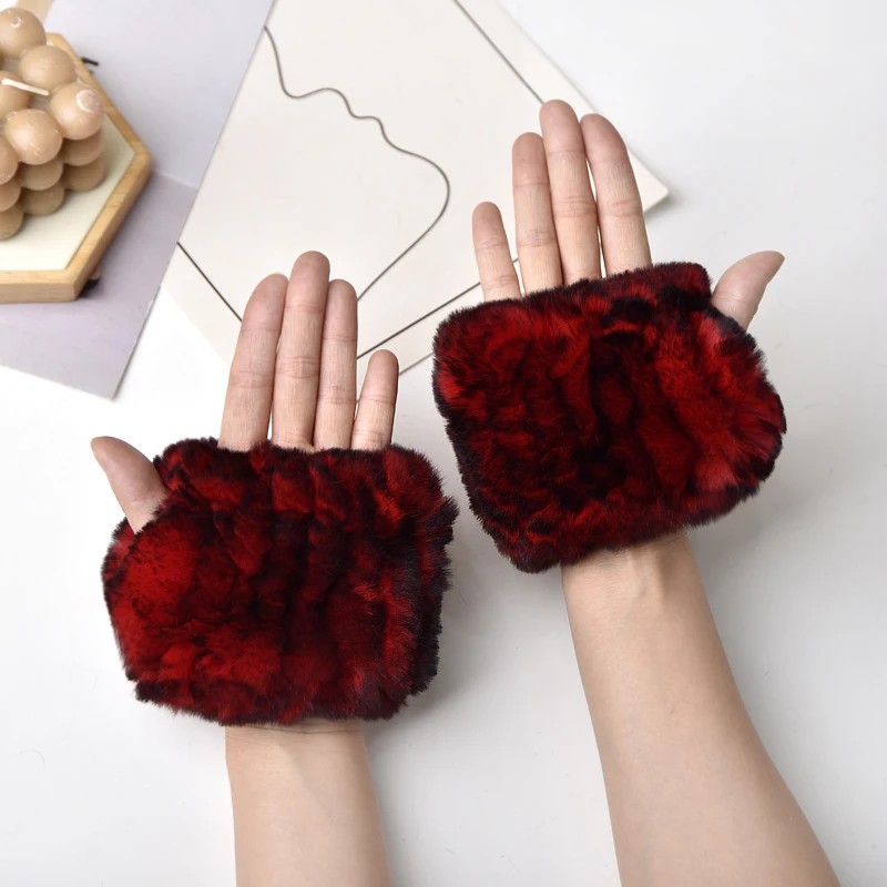 Women's Natural Rex Rabbit Fur Gloves Elastic Knitted Real Fur Mittens Winter Warm Wrist Guards with Exposed Fingers