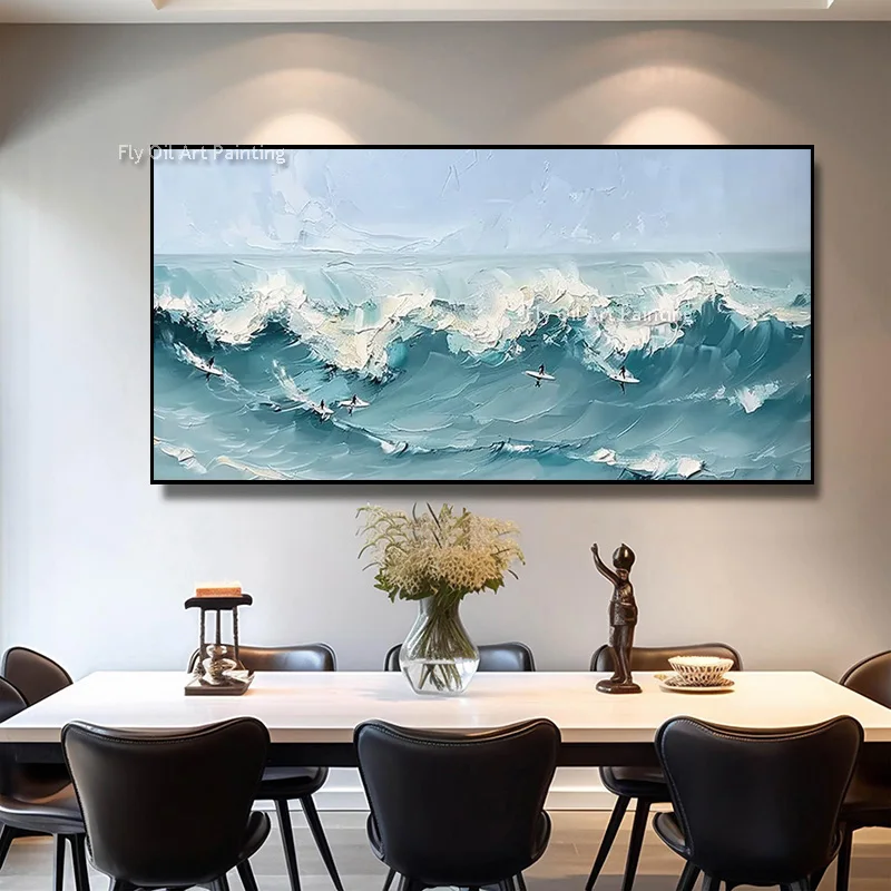 Teal Ocean Wave Surfing Canvas, Hand‑Painted Impasto Oil Painting, Coastal Seascape Horizontal Modern Wall Decor