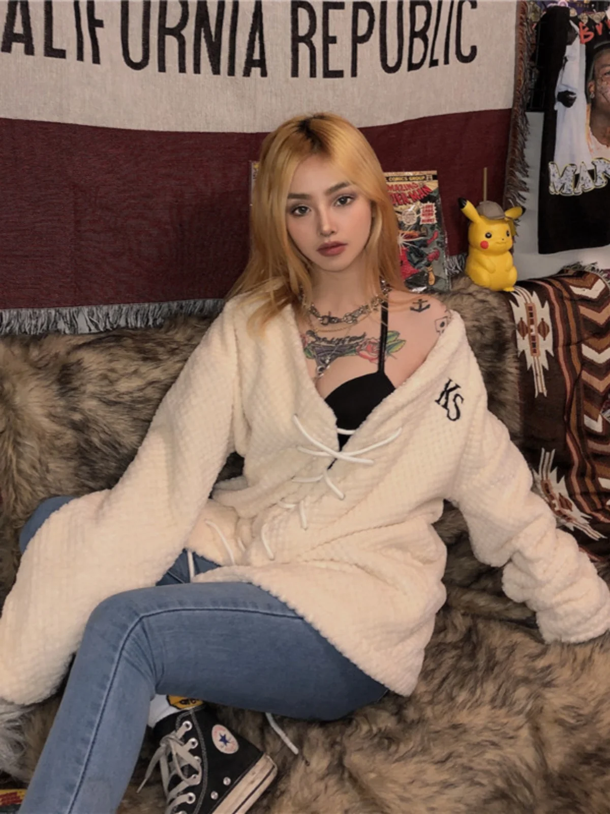 ストリートスタイル オーバーサイズ セーター ジャケット レディース ヴィンテージ 多用途 ベルト付き オープン カーディガン トップス ハイウエスト ロング丈 セーター ミドル丈