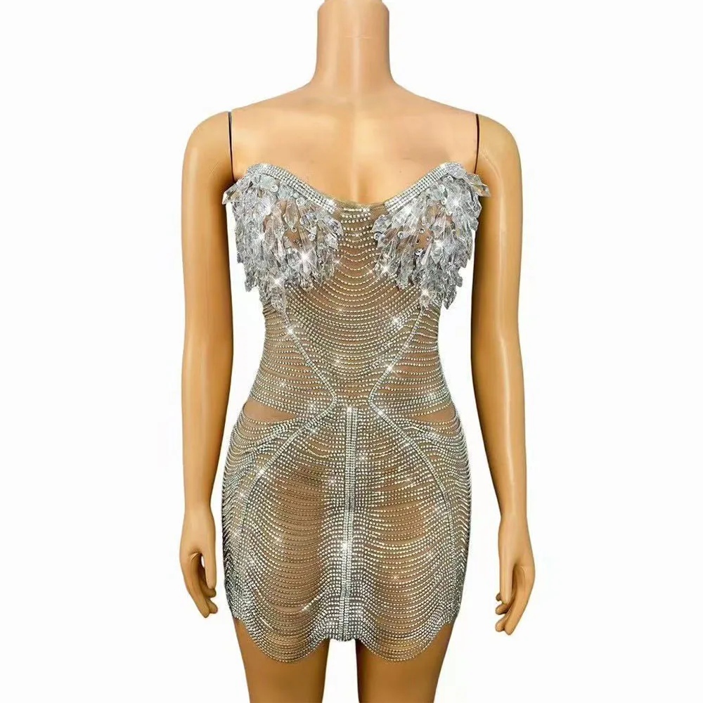

Короткое платье с блестящими стразами и цепочками на спине, женское сексуальное платье для дня рождения, костюм для ночного клуба, сценическая одежда для шоу