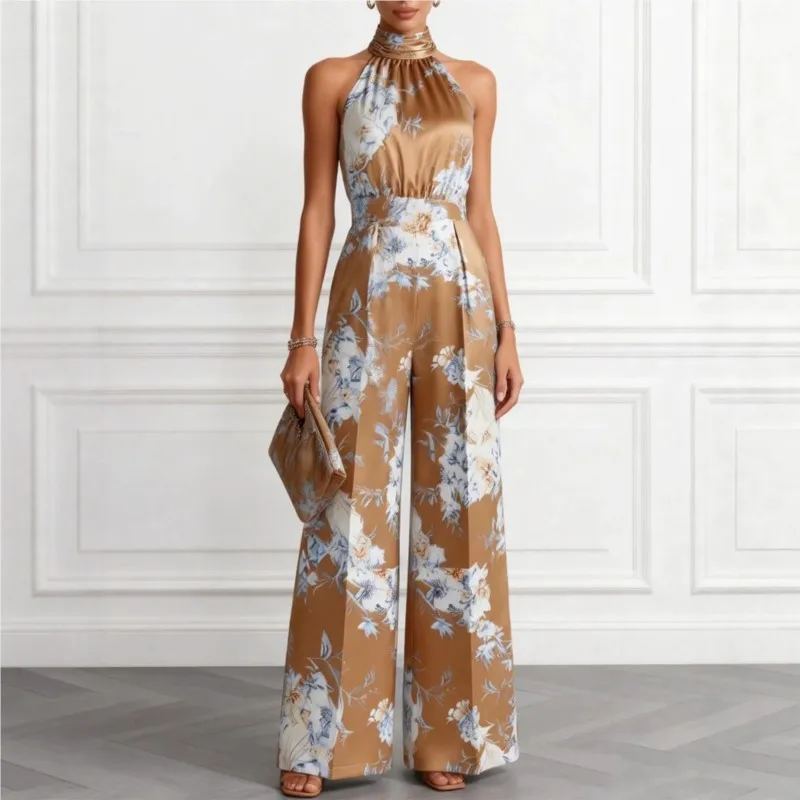 Summer Retro Floral Print Long Jumpsuit Women's Sexy Sleeveless Ruched Waist Party 2026 New Boho Jumpsuit