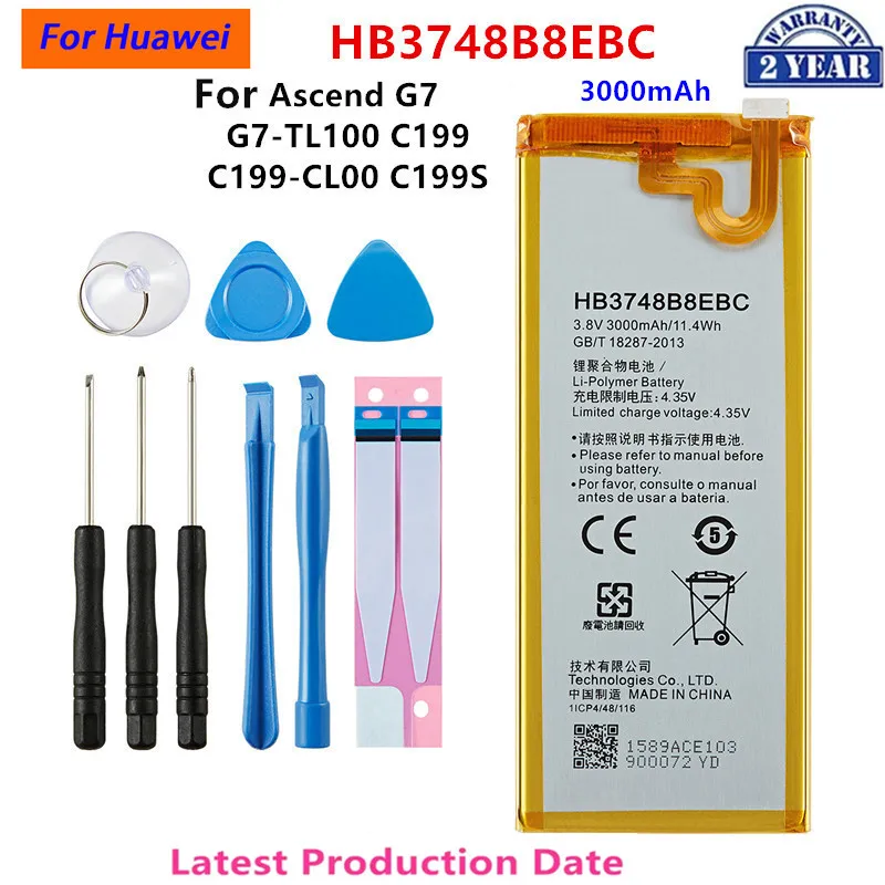 Batería original HB3748B8EBC 100% mAh para Huawei Ascend G7 G7-TL100 C199 C199-CL00 C199S RIO-AL00,TL00 L01 L02, 3000