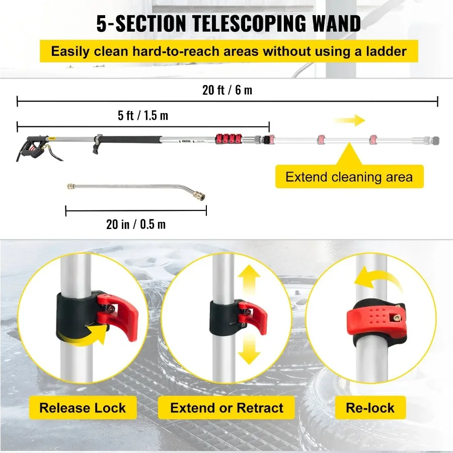 Baguette télescopique pour nettoyeur haute pression, 5 buses de pulvérisation pour clôture de toit, 20 pieds, 5 sections réglables, Max 4000 PSI, Fit 3/8