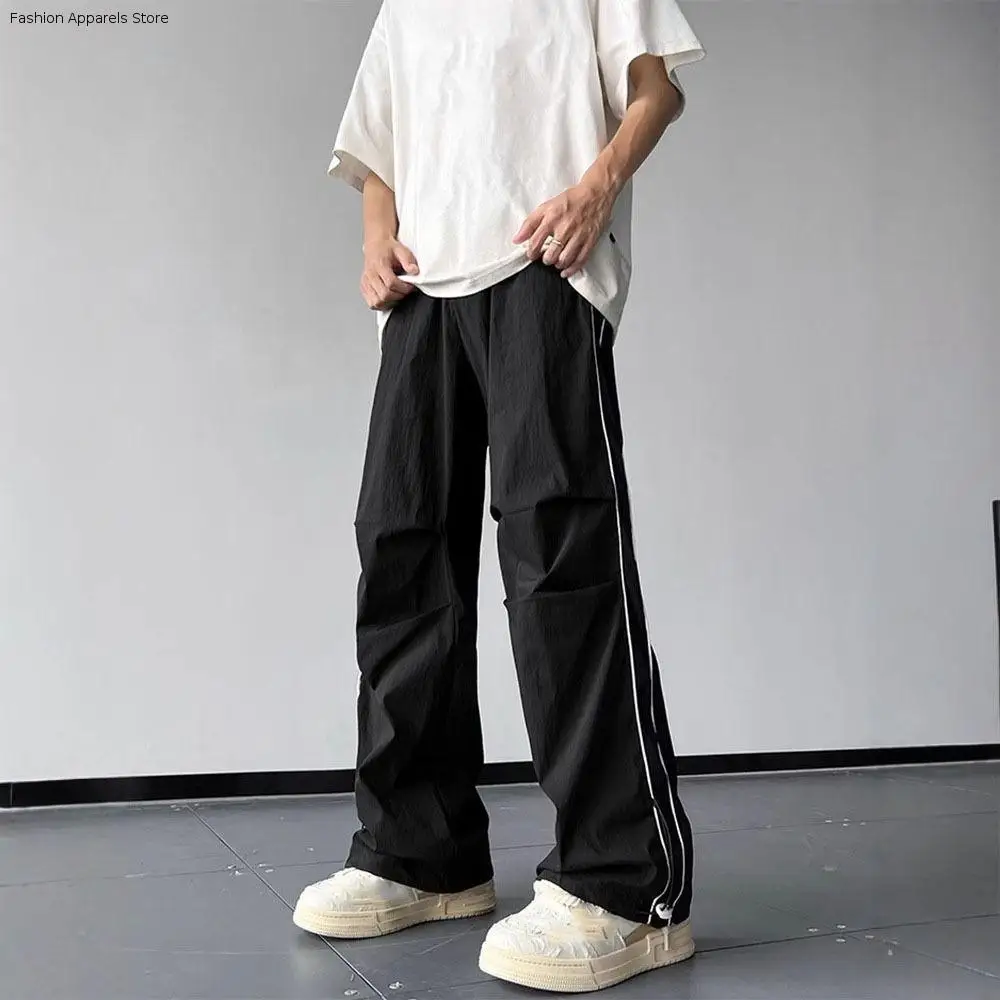 

Hip Hop Pants Drawstring Wide Leg Sweatpants Y2K Baggy Loose Cargo Pants High Waisted Stripe Male Joggers Trousers Streetwear