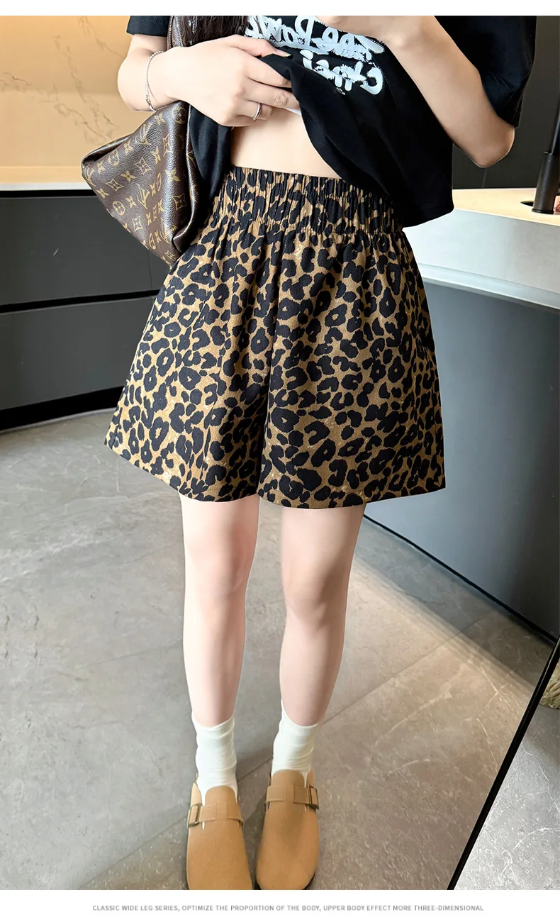 Sommer-Damen-Shorts, lässig, locker, dekorativ, mit Schnürung, elastischer Bund, Leopardenmuster, Shorts mit hoher Taille und geradem Bein