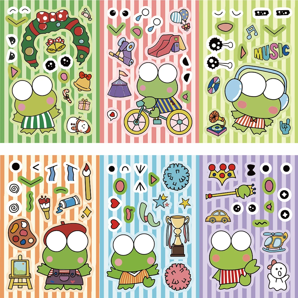 8/16Sheets Kids DIY Kero Kero Keroppi Puzzle Stickers Make a Face Sanrio Cartoon Assembly Jigsaw Education Toys Funny Party Game