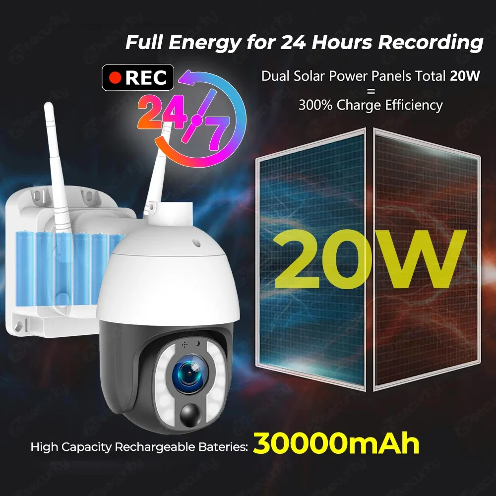 24-7 Recording Solar Power Security Camera 5MP 10X Optical Zoom 4G LTE / WiFi PTZ Auto Tracking IP Cameras with 20W Solar Panel