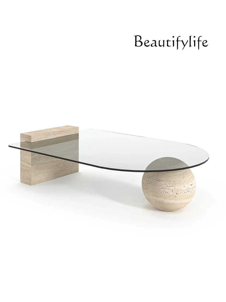 

Minimalist natural travertine spherical legs coffee table transparent tempered glass small apartment short coffee table