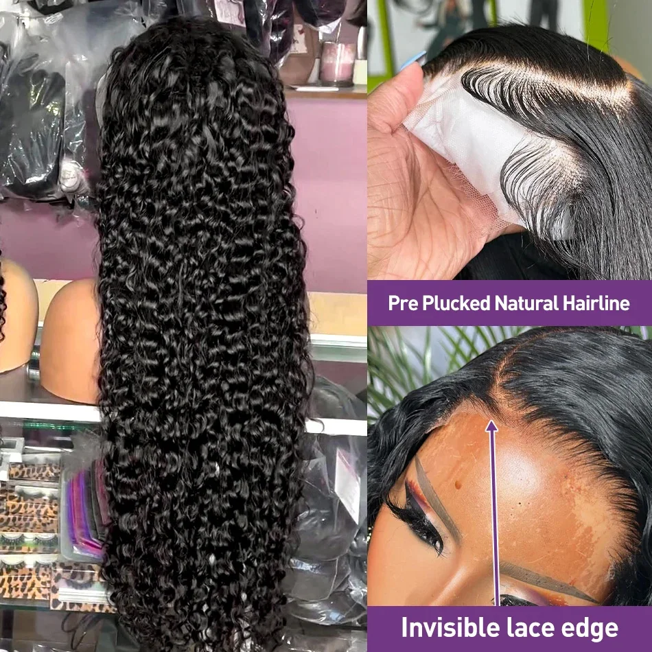 Perruque Deep Wave Lace Front Wig Naturelle Bouclée, Cheveux Humains, 13x4, 13x6, 30 40 Pouces, Densité 250, Transparent, pour Femme Africaine