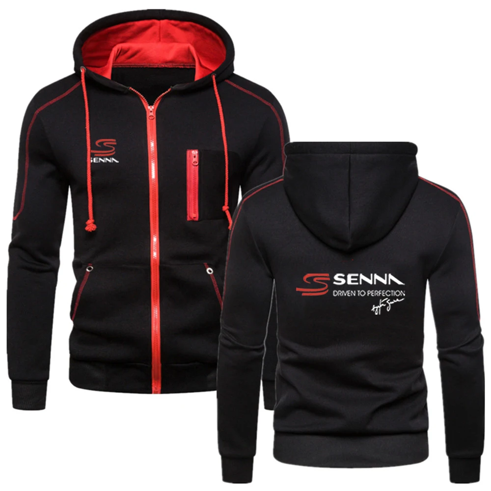 2024 Spring Autumn Men's Ayrton Senna Logo Print Sports Solid Color Popular Zipper Hooded Casual Long Sleeve Sweatshirts Hoodies