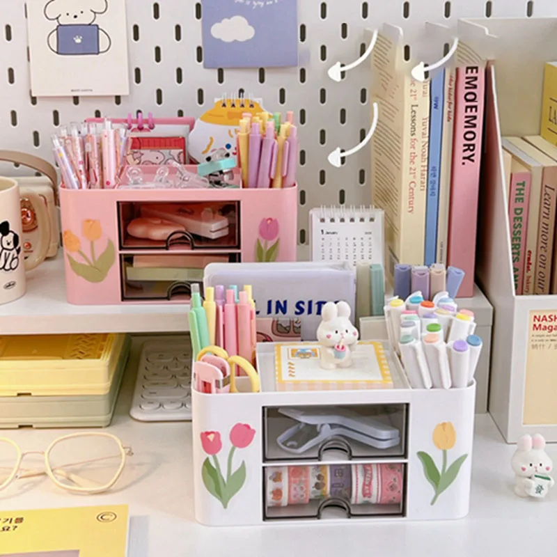 

Kawaii Stationery Storage Box Pencil Makeup Orangizer Case Cute Desktop INS Drawer Style Organizing Box Cabinet Office Storage