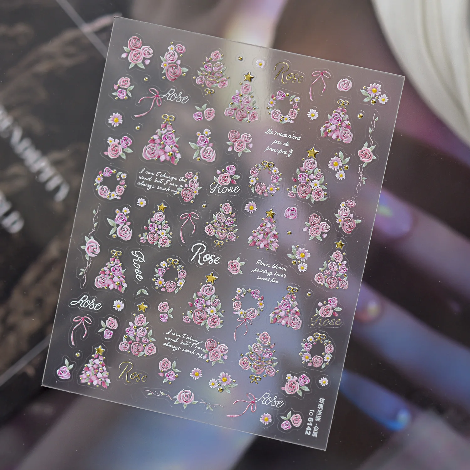 Nail Art Stickers Metallic Romantic Floral Rose Christmas Adhesive Decals Lightweight Colorful DIY Manicure Decoration Party