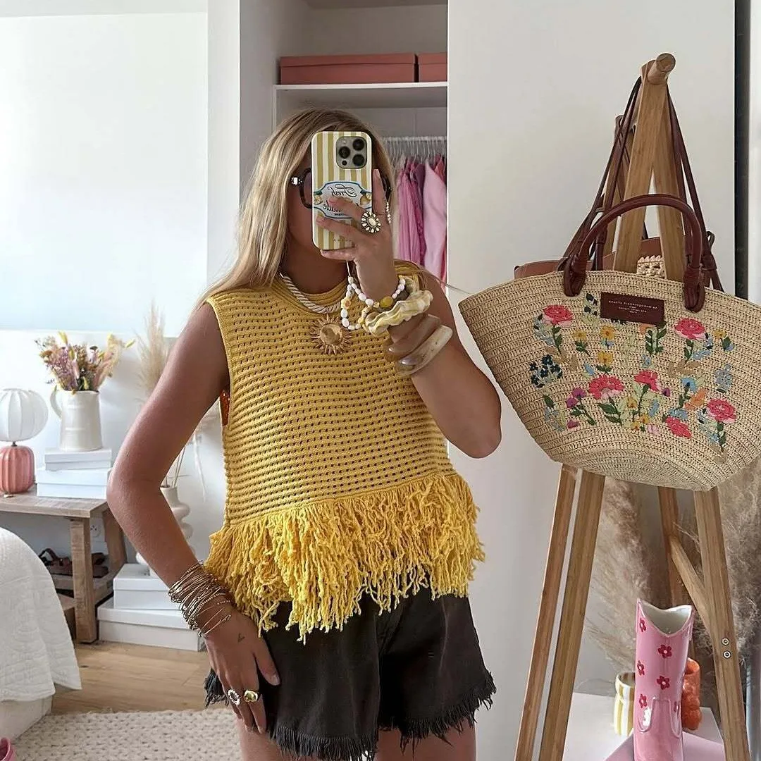 Summer Women's Clothing Fringe Trim Plaid Knit Top For Woman Sleeveless Slim Fit Polyester Cropped Y2K Streetwear Essential