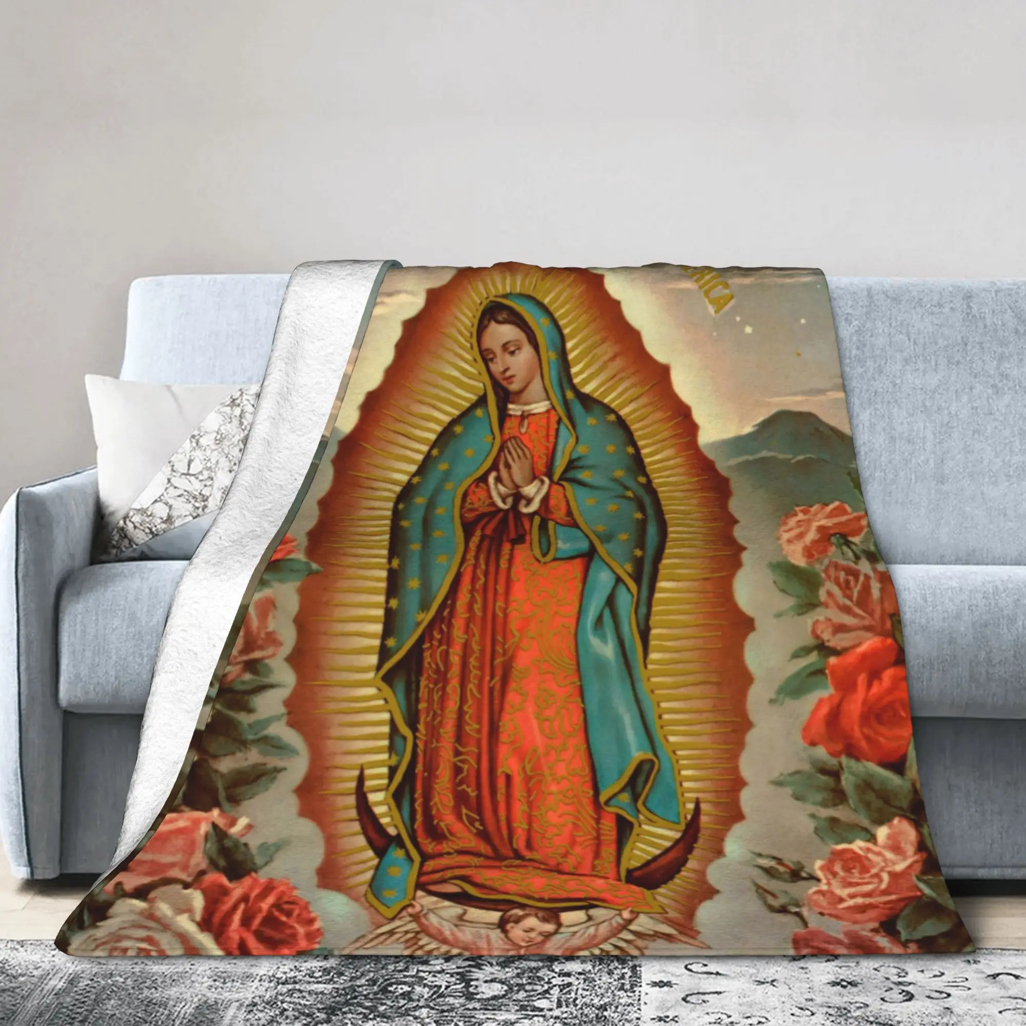 Our Lady of Guadalupe Mexican Virgin Mary Blanket Cover Flannel Christian Catholic  Warm Throw Blankets for Bedroom Sofa Bed Rug