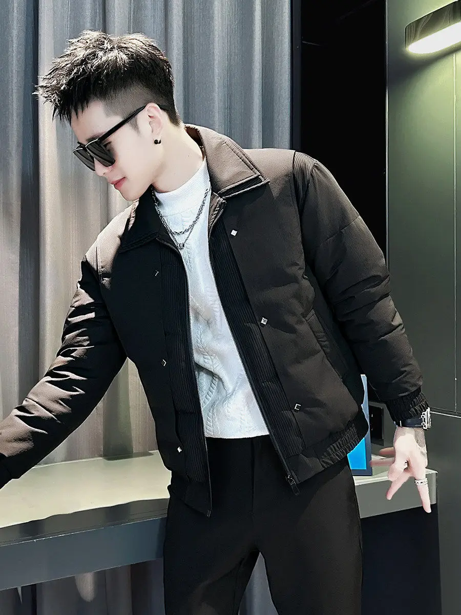 

Мужская повседневная куртка из утепленного хлопка с двойным воротником, теплая, молодежная, приталенная, однотонная