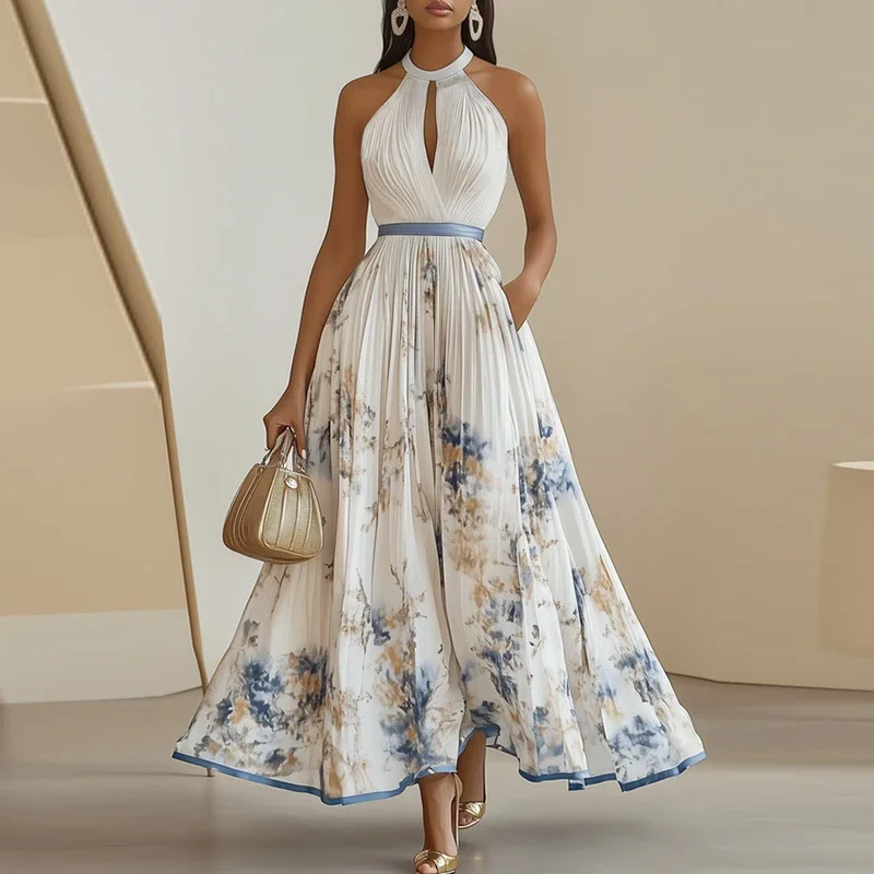Sommer Hängenden Hals Ärmellose Taille Party Maxi Kleid Frauen Elegante Hohl Blumen Druck Plissee Dame Chic Abendkleid Urlaub
