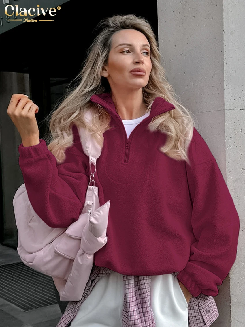 Clacive Winter Lose Rosa frauen Hoodies 2025, Mode Revers Langarm Mit Kapuze Elegante Klassische Solide Top Weibliche Kleidung