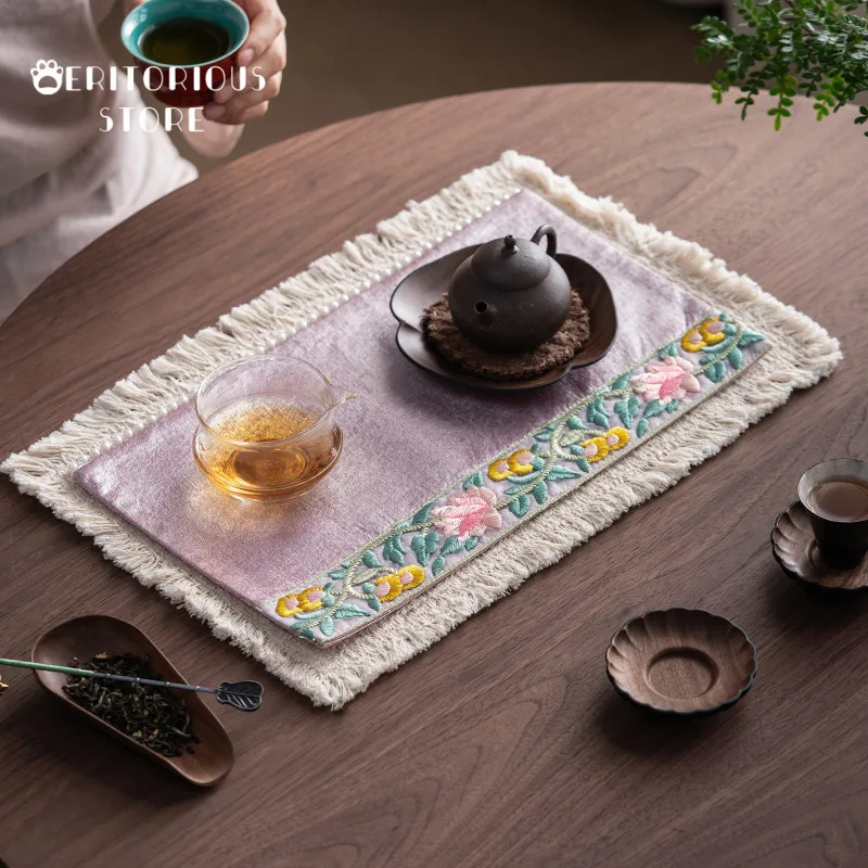 Embroidered Tea Mat Large Coasters Handmad Tea Towel Rug Table Mats Teapot Carpet Cloth Tea Ceremony Accessories Supplies Home