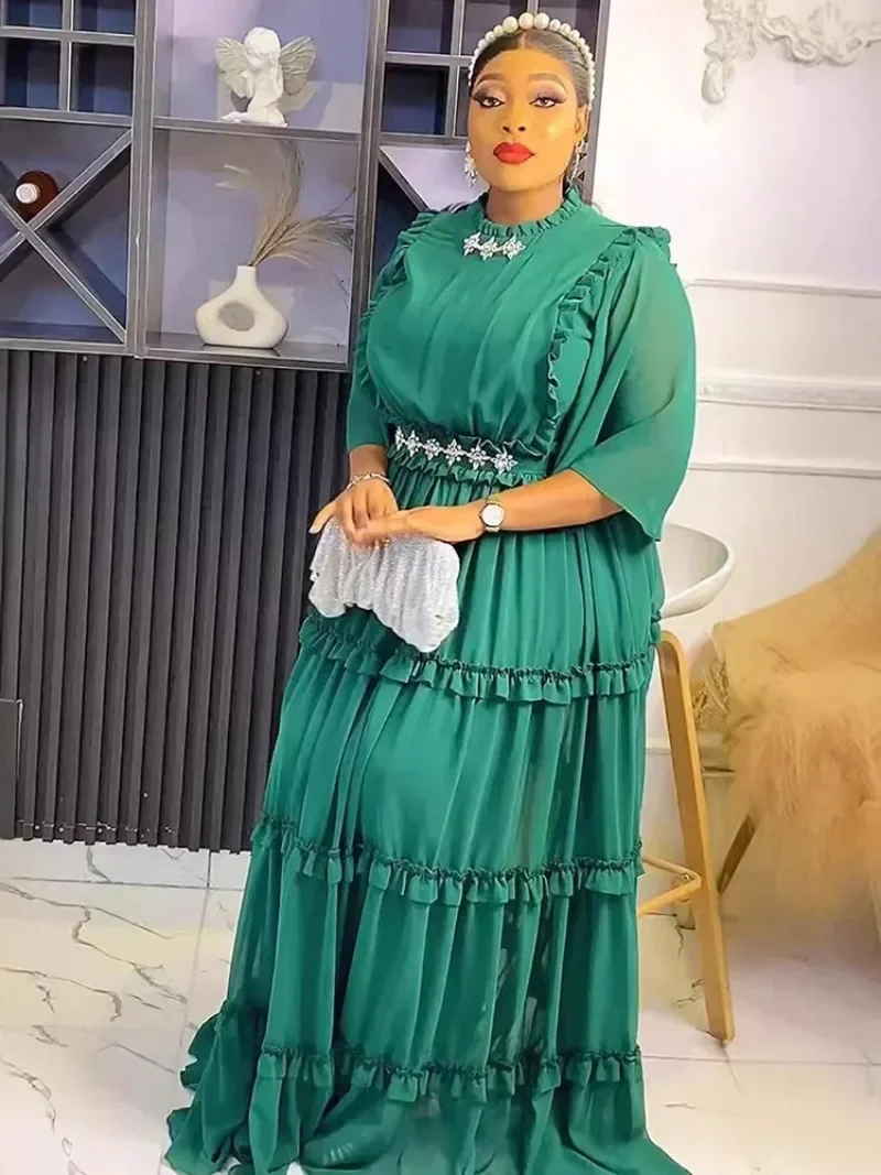 Elegant Party Dresses Woman Chiffon Pleated Long Robe 2025 Autumn Prom Evening Gown African Clothes Office Ladies Dress Kaftans