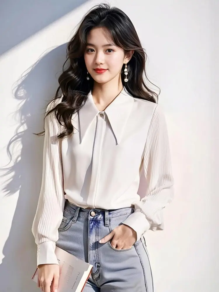 

Commute Ele Comfortable Long Sve Pleated irt Autumn Dry Profionally Versatile Faionable Chiffon Blouse Korean S...