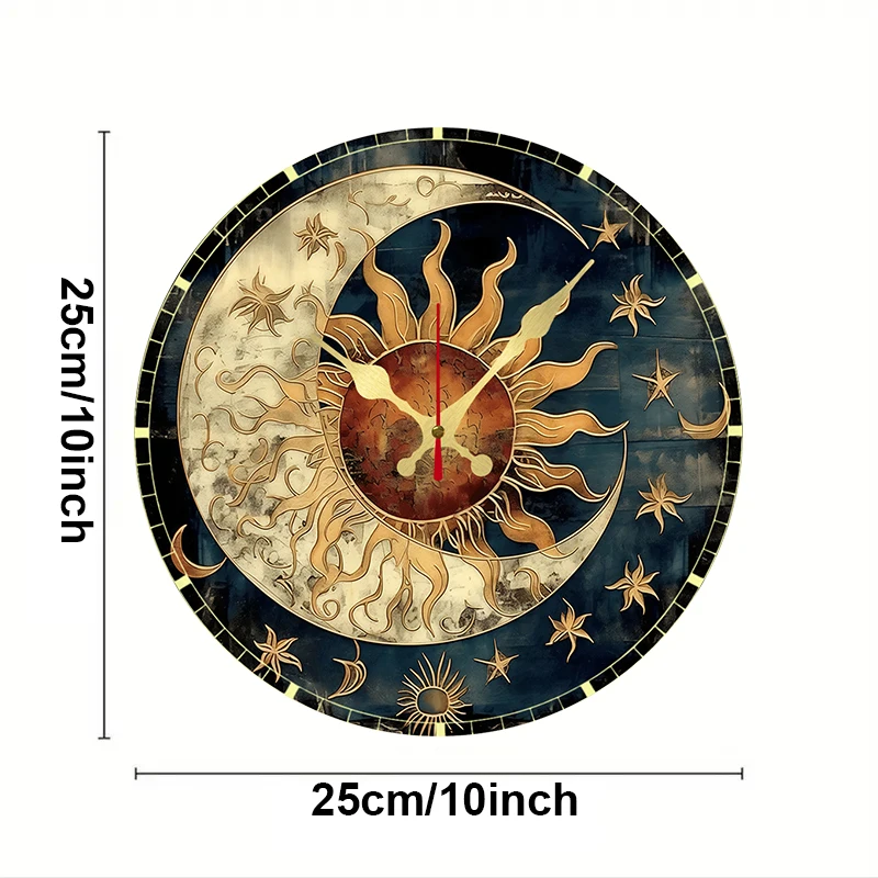 Sun & Moon Celestial Wooden Round Silent Hanging Wall Clock,Suitable For Living Room,Office,Study Room, Bedroom,Home Decoration.