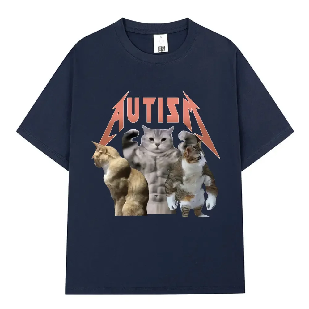 Buff Cats Autism Meme T-shirt Fitness Gym Fashion Hip Hop Short Sleeve T-shirts Men Women summer 100% Cotton Comfort T Shirts