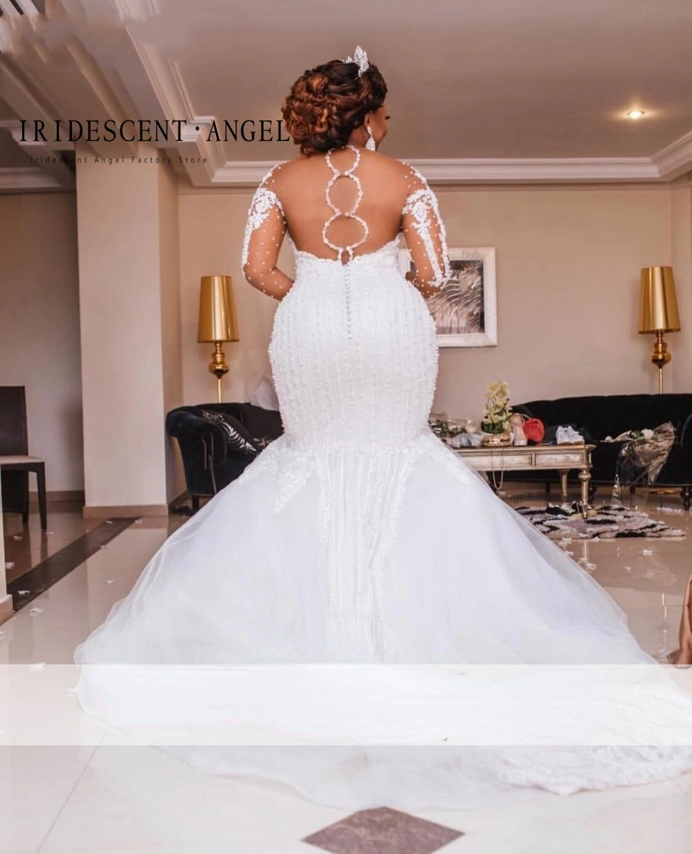 IRIDESCENT SCOOP Mermaid Wedding Dresses With Long Sleeves Lace Train African Backless Bride Gowns Vestidos De Novia Plus Size