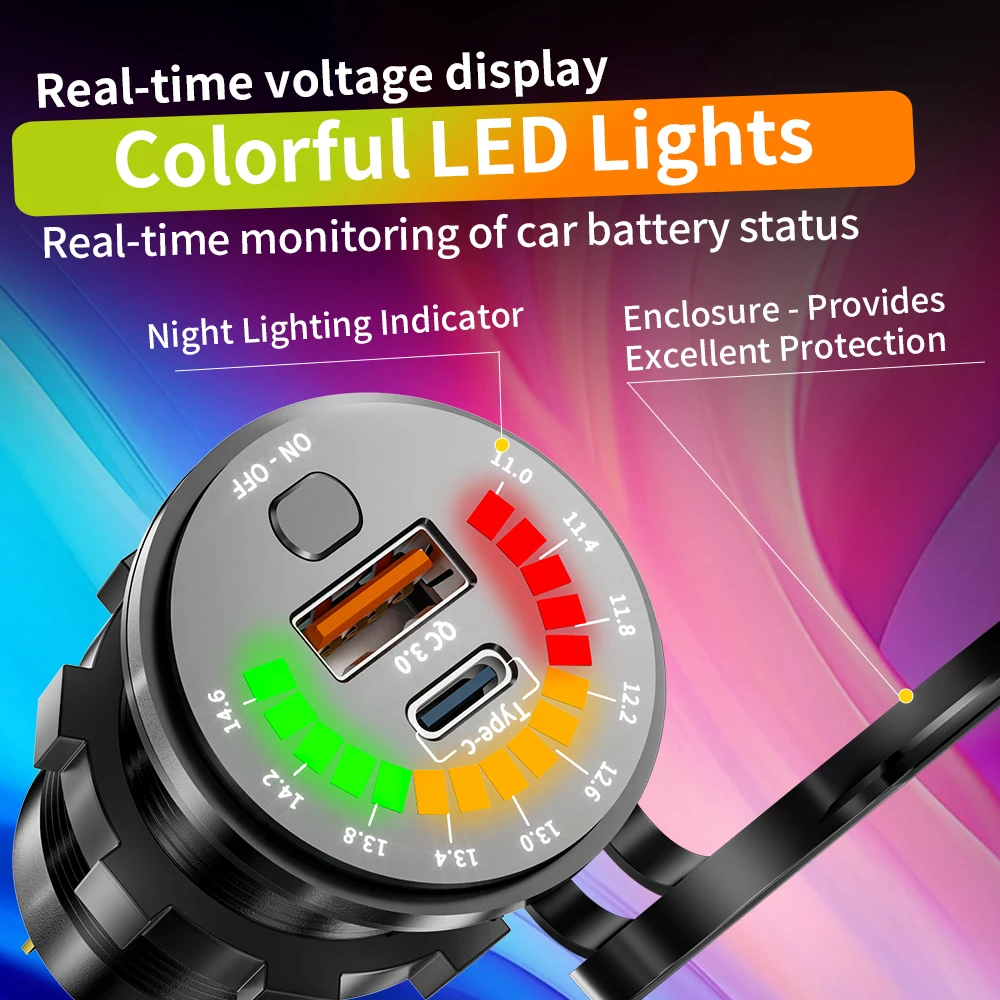 ZUNVMMS مقبس شاحن USB مزدوج مع الفولتميتر LED ON OFF التبديل QC3.0 نوع C مقاوم للماء منفذ USB شاحن سريع لسيارة 12 فولت/24 فولت
