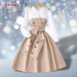 Girl Dresses Belt Dress Children Costume Kids Party Dresses Retro British Vacation Style Long Sleeve Girls Clothing 8-12 Years