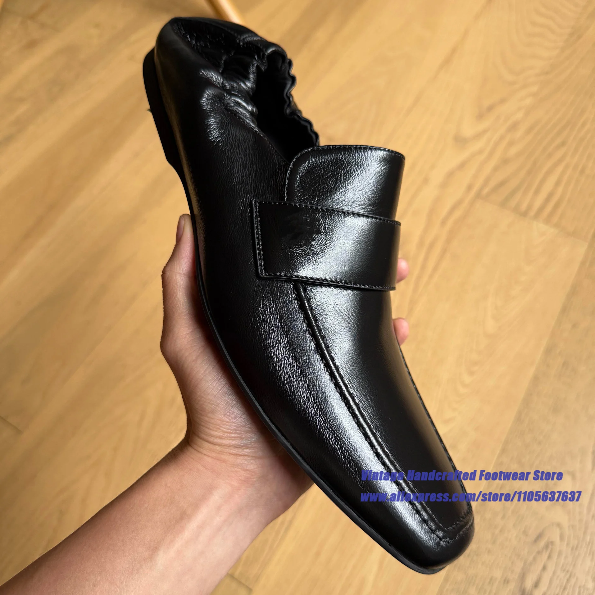 Men's Black Wrinkle Leather Loafers Square Toe Elastic Collar Slip On Leather Casual Shoes ﻿Vintage Handcrafted Men's Shoes